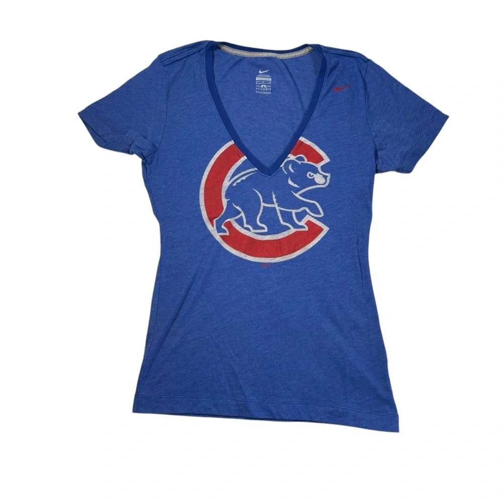 Nike size Small womens top shirt Cubs baseball chicago bear slim fit blue v-neck
